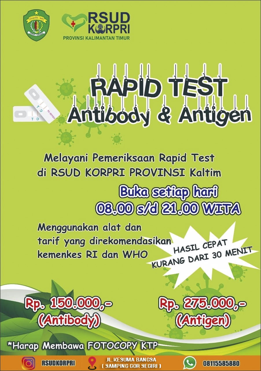 RSUD KORPRI Provinsi Kalimantan Timur Membuka Pelayanan Pemeriksaan Rapid Test Covid-19